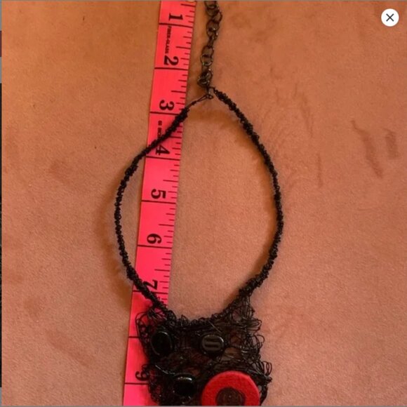 CREATION Black Wire Art Necklace with Red Fabric Accent & Black Beads - Picture 8 of 8